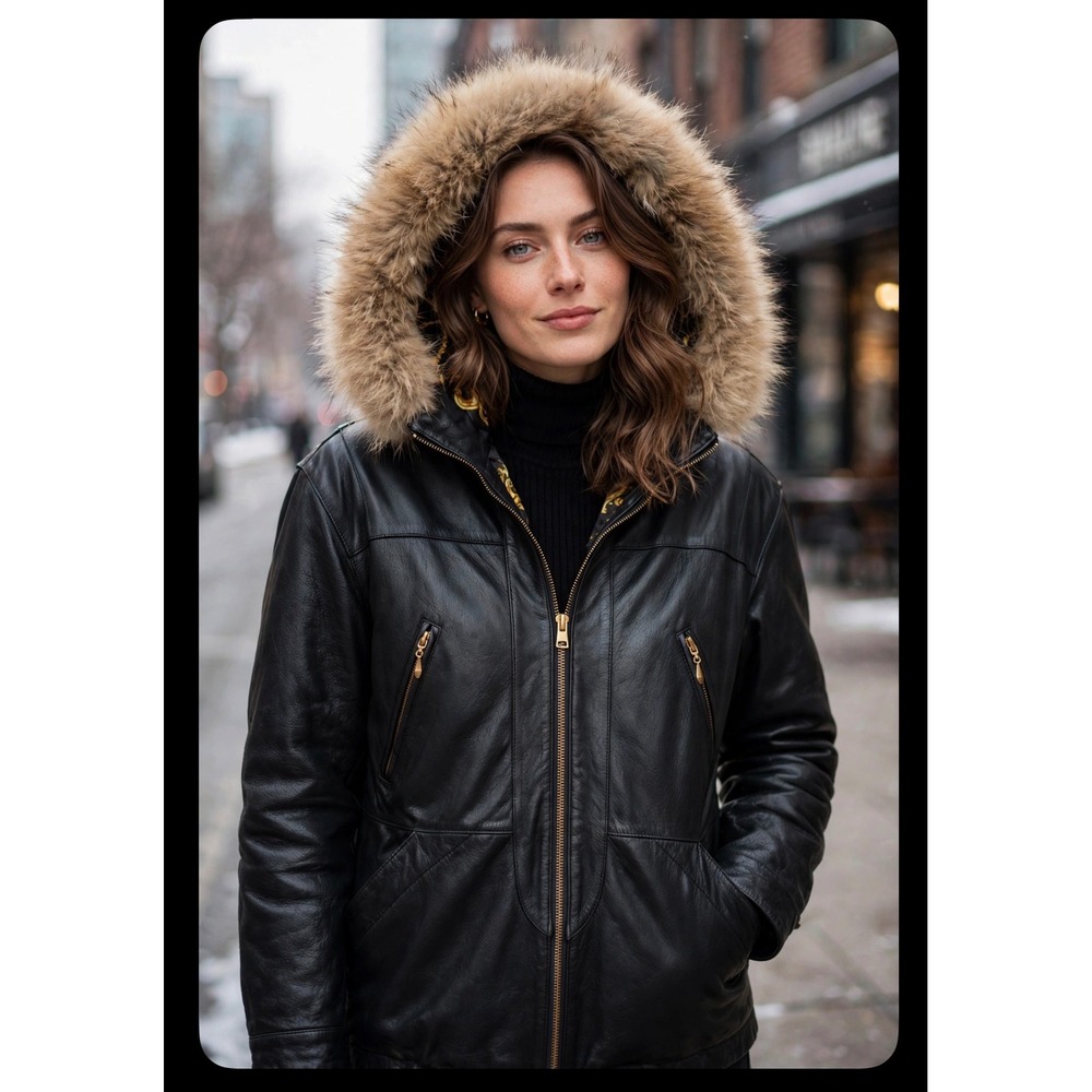 Jacqueline Ferrar Black Leather Parka Coyote Fur Trim Hood Gold Chain Lining